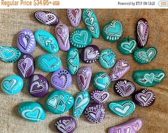 Heart painted rocks, custom color assortment, boho style stones, kindness rocks, wedding favor, gift for her, table favor, planter a