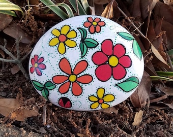 Flower Painted Rock: Whimsical Garden Decor, Gift for Gardener