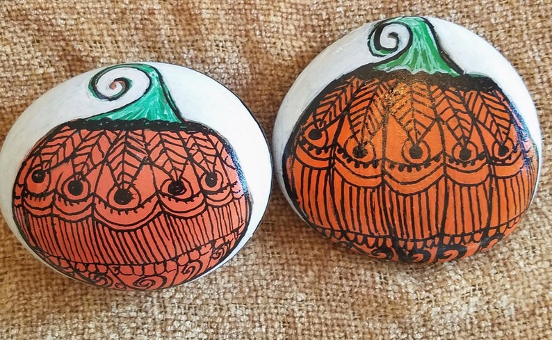 decorated pumpkin painted rock, Halloween decor, Fall decoration, unique Halloween decorated rock, Fall decorated pumpkin, Autumn home decor image 3