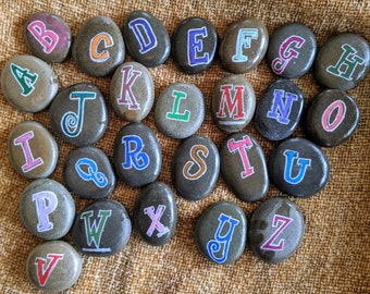 Alphabet story stones, alphabet learning stones, portable alphabet stones, learning story stones, tactile alphabet story stones,