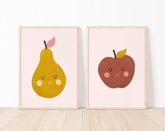 Schattige appel- en perenkwekerijprint – Speelse kinderkamerdecoratie (digitale download)