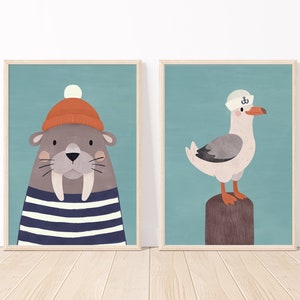 Impresión caprichosa de marinero de morsa y gaviota - Arte de pared náutico escandinavo para decoración de guardería oceánica y dormitorio de niños - Impresiones de arte de pared para niños