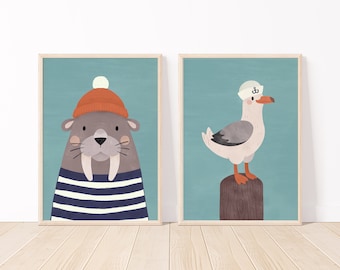 Grillige walrus en zeemeeuw matroos print - Scandinavische kinderkamerkunst (digitale download)