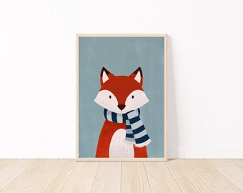 Print vossenkwekerij, blauwe sjaal, dierenmuurkunst (digitale download)