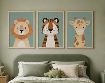 Jungledieren kinderkamerprints – leeuw, tijger, giraf (digitale download)