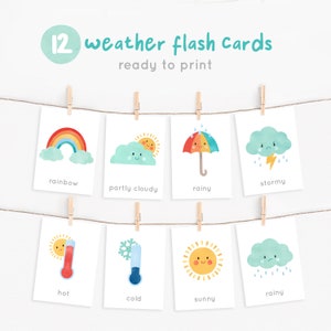 Cartões Flash Meteorológicos para Aprendizagem Educacional - Impressões Meteorológicas Montessori para Pré-escola, Escola Doméstica, Escola - Cartões de Vocabulário Meteorológico