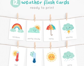 Flashcards weer: aquarel Montessori-leerkaarten (digitale download)