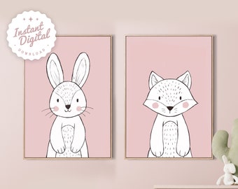 Print babykamer konijn en vos, roze kindermuurkunst (digitale download)