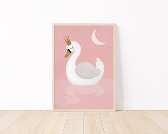 Zwanenprinses kinderkamerprint, roze fantasiekunst aan de muur (digitale download)