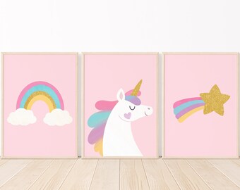 Kunstprint eenhoornkwekerij, gouden glitter, regenboogdecor (digitale download)