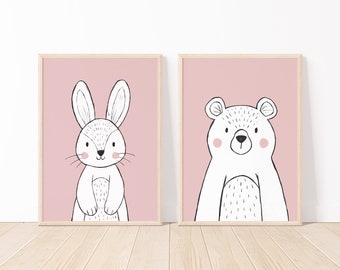 Baby print Bunny & Bear, roze kindermuurkunst (digitale download)