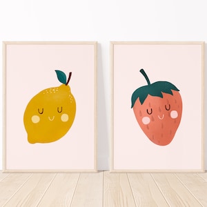 Strawberry & Lemon Print, Cute Wall Art, Fruit Nursery Print, Girls Nursery Art, Girls Bedroom Prints, Kids Wall Art, Nursery Prints