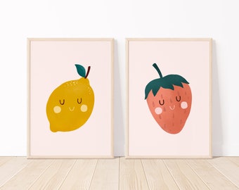 Aardbei-citroen kinderkamerprint, schattige kinderkunst aan de muur (digitale download)
