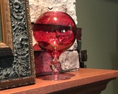 Ruby Flash Stain Round Globe Goblet, Clear Glass Ruffled Rim, Clear Stem, 8 quot Tall