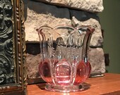Ruby Flash Stain Glass Vase, Scalloped Edge, Beaded Jewels and Festoon Pattern, 4 quot Tall