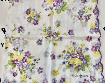 Vintage SCARF Yves Saint Laurent YSL Purple Yellow Floral Scalloped Scarf 18.75