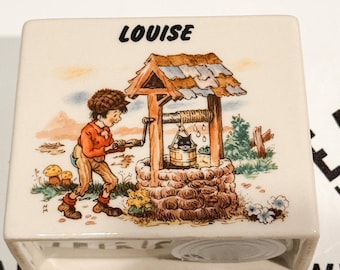 Vintage Ceramic Money Box Personalized Louise Savings Bank Nursery Rhyme