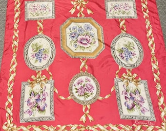 Vintage SCARF Christian Dior Silk Scarf 33in Floral Medallion Ribbon Red Gold