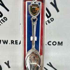May include: A souvenir spoon with a decorative shield-shaped top featuring a landscape scene and the words "Confederate Ghost Squadron". The spoon has a heart-shaped cutout and the bowl is engraved with "Texas Austin". The spoon is in a clear plastic box.