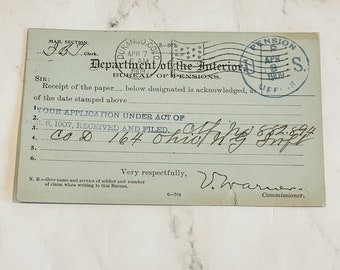 Vintage 1909 Certificate from the Department of Interior Pension Receipt