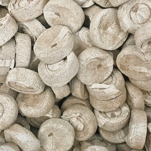 May include: A close-up shot of a pile of light brown, round candies. The candies have a slightly textured surface and a hole in the center. Some candies have a paper-like wrapping. The overall color palette is neutral, with variations in tone.