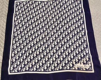 Vintage SCARF Christian Dior Silk Scarf 25in 64cm Trotter Logo Navy Ivory Elegan