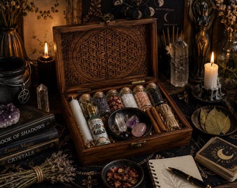 Witchy Altar Box | Witchy Starter Kit | Hand Carved Wooden Box | Witchcraft Starter & Ritual Supplies | Wooden Altar Box | Spiritual Kit |