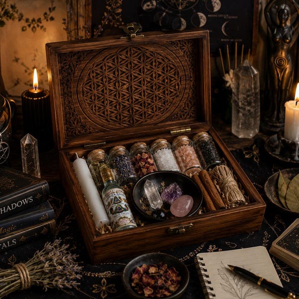 Boîte d'autel sorcière | Kit de démarrage Witchy | Boîte en bois sculptée à la main | Démarreur de sorcellerie et fournitures pour rituels | Boîte d'autel en bois | Kit spirituel |