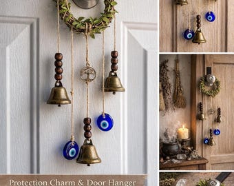 Witch Bells Door Hanger | Protection Charm | Evil Eye Decor | Spiritual Home Decor | Handmade Wreath Bells | Protection Bells  | Door Bells