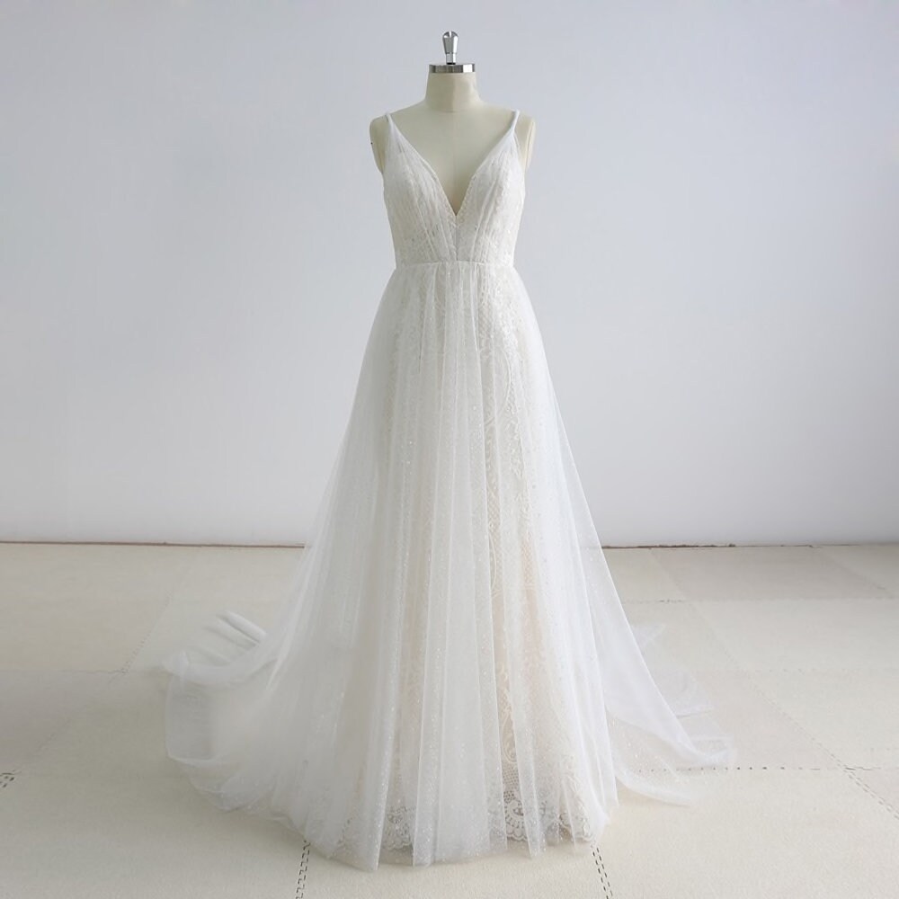 Grecian Champagne Wedding Dress In Lace With White Tulle Etsy