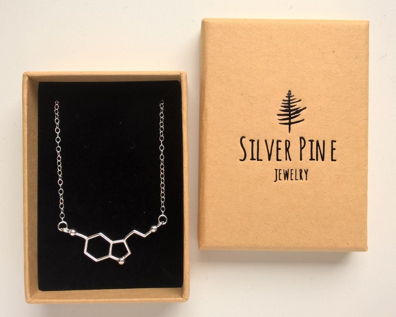 Serotonin Necklace Sterling Silver Necklace, Serotonin Pendant, Molecule Necklace, Chemistry Jewelry, Science Jewelry, Minimalist Necklace zdjęcie 1