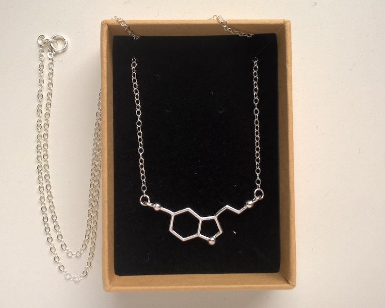 Serotonin Necklace Sterling Silver Necklace, Serotonin Pendant, Molecule Necklace, Chemistry Jewelry, Science Jewelry, Minimalist Necklace zdjęcie 2