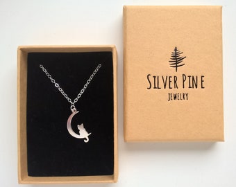 Cat And Moon Necklace, Sterling Silver Necklace, Half Moon Necklace, Crescent Moon Charm, Celestial Jewelry, Cat Pendant, Cat Lover Gift