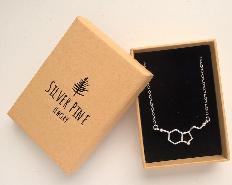 Serotonin Necklace Sterling Silver Necklace, Serotonin Pendant, Molecule Necklace, Chemistry Jewelry, Science Jewelry, Minimalist Necklace zdjęcie 4