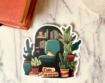 Cozy Reading Sticker - Curl Up and Get Cozy Sticker with Books, Cats, and Plants - Reading Accessories for Book Lovers