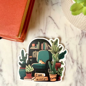 Cozy Reading Sticker Curl Up and Get Cozy Sticker with Books, Cats, and Plants Reading Accessories for Book Lovers zdjęcie 1