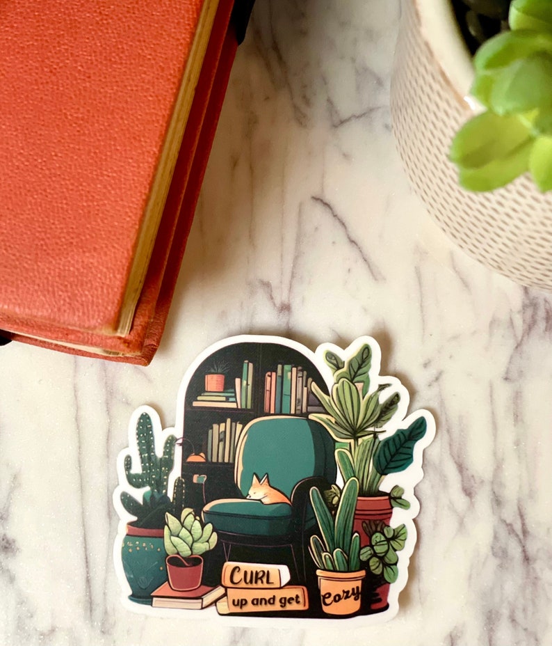 Cozy Reading Sticker Curl Up and Get Cozy Sticker with Books, Cats, and Plants Reading Accessories for Book Lovers zdjęcie 1