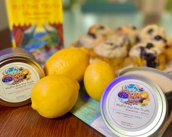 Bougie de cire de soja naturelle parfumée aux bleuets et au citron, Muffin Mais la vérité