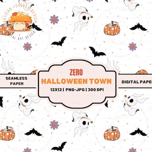 Puede incluir: Papel digital sin costuras con temática de Halloween. El diseño presenta fantasmas de dibujos animados, calabazas, murciélagos y flores sobre un fondo blanco. El texto "ZERO HALLOWEEN TOWN" se muestra en un marco decorativo. El papel mide 30,48 cm x 30,48 cm.