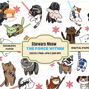 May include: Digital seamless paper with cartoon cats in Star Wars costumes, such as Darth Vader and Yoda, wielding lightsabers and blasters. The text reads "Starwars Meow: The Force Within". Features red snowflake accents.