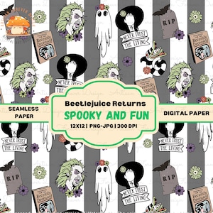 Spookachtig en leuk digitaal Halloween-papier | Beetlejuice-patronen voor knutsel- en doe-het-zelfprojecten, afdrukbare ontwerpen