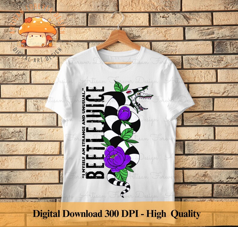 May include: White t-shirt with a black and white illustration of a creature with a purple flower. The text "Beetlejuice" and the quote "I myself am strange and unusual." are printed on the shirt.