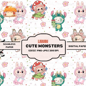 Cute Monsters Seamless Pattern Fabric Design File for Crafts & Textiles – Labubu Repeating Doll Surface Print