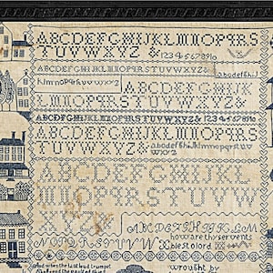 Ann McFarlan Reproduction Sampler 1827,  blue Pattern PDF, Counted Thread Instant Download Xstitch Digital File, Alphabet Merklap