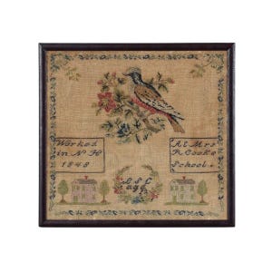 Può includere: Campione antico ricamato a punto ago incorniciato con un uccello posato su un ramo fiorito. Il campione include il testo "Worked in N.H. 1848" e "At Mrs. P. Cooke School". Sono presenti anche motivi floreali e di case decorative.