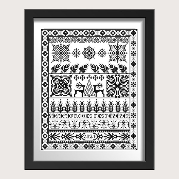 Frohes Fest German Sampler Cross Stitch Pattern PDF, Counted Thread Instant Download Xstitch Digital File, Holiday Sampler 4 color choices