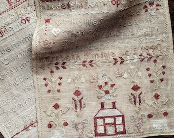 May include: Two pieces of antique needlepoint embroidery with a beige background and red stitching. The top piece features a house with a window and a garden with flowers and birds. The bottom piece features a text pattern.