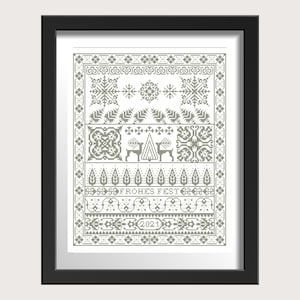 May include: A framed cross-stitch design featuring a Christmas tree, reindeer, snowflakes, and the text "Frohes Fest 2021" in a gray and white color scheme.