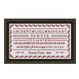 エミリー・フィールド 1861 レッドワーク サンプラー、クロスステッチ パターン PDF、カウントスレッド インスタントダウンロード Xstitch デジタルファイル、アルファベット サンプラー