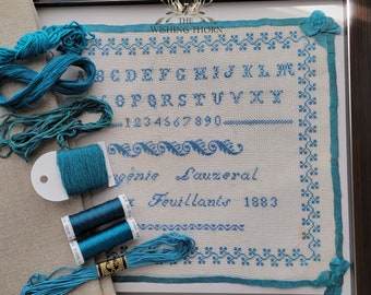 Eugenie Lauzeral 1883 Reproduction Sampler,  blue Pattern PDF, Counted Thread Instant Download Xstitch Digital File, Alphabet Merklap
